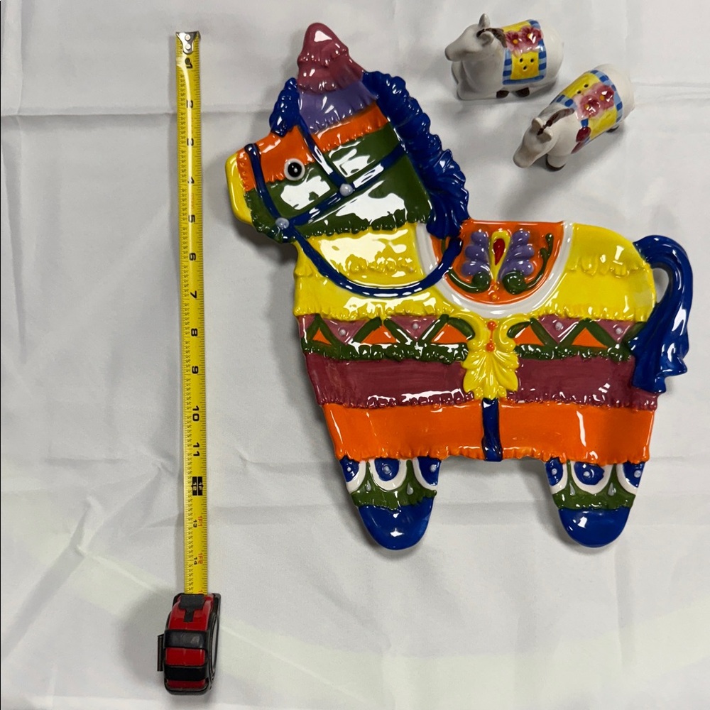 Colorful Ceramic Donkey Platter & salt/pepper shakers